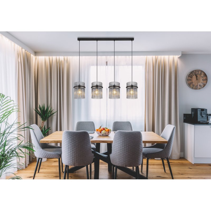 gorley-15698-4h-g28121-6 Lampă cu suspensie metal negru mat, tije de sticlă de culoare fumurie, cablu PVC negru, înălțimea poate fi scurtată (lampă cu suspensie), L x l x I: 1100x200x1400mm, fără 4x E27 60W 230V - imagine 1
