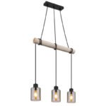 Lampă suspendată din metal negru mat, lemn de culoare naturală, sticlă de culoare fumurie, cablu de înfășurat, LxLxA: 500x100x1400mm, fără 3x E27 40W 230V
