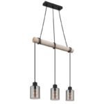 Lampă suspendată din metal negru mat, lemn de culoare naturală, sticlă de culoare fumurie, cablu de înfășurat, LxLxA: 500x100x1400mm, fără 3x E27 40W 230V - imagine 3