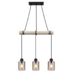 Lampă suspendată din metal negru mat, lemn de culoare naturală, sticlă de culoare fumurie, cablu de înfășurat, LxLxA: 500x100x1400mm, fără 3x E27 40W 230V - imagine 4