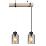Lampă suspendată din metal negru mat, lemn de culoare naturală, sticlă de culoare fumurie, cablu de înfășurat, LxLxA: 500x100x1400mm, fără 3x E27 40W 230V - imagine 5