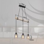 Lampă suspendată din metal negru mat, lemn de culoare naturală, sticlă de culoare fumurie, cablu de înfășurat, LxLxA: 500x100x1400mm, fără 3x E27 40W 230V - imagine 6