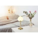 Lampă de masă din metal de culoare alamă, metal de culoare alamă mată, sticlă opalină, cablu textil negru, întrerupător pe cablu, ø: 180mm, H: 400mm, lungime cablu 1500mm, fără 1x E27 40W 230V - imagine 2