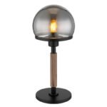 Lampă de masă din metal negru mat, MDF cu efect de lemn închis, metal alamă mată, sticlă fumurie, cablu textil negru, întrerupător pe cablu, ø: 180mm, H: 400mm, lungime cablu 1500mm, fără 1x E27 40W 230V