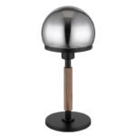Lampă de masă din metal negru mat, MDF cu efect de lemn închis, metal alamă mată, sticlă fumurie, cablu textil negru, întrerupător pe cablu, ø: 180mm, H: 400mm, lungime cablu 1500mm, fără 1x E27 40W 230V - imagine 3