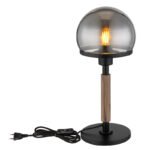 Lampă de masă din metal negru mat, MDF cu efect de lemn închis, metal alamă mată, sticlă fumurie, cablu textil negru, întrerupător pe cablu, ø: 180mm, H: 400mm, lungime cablu 1500mm, fără 1x E27 40W 230V - imagine 4
