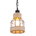 Suspensie metal negru mat, frânghie de cânepă maro, tije metalice negru mat, cu lanț negru, D: 140, H: 1250,  excl 1xE27  60W 230V - imagine 4