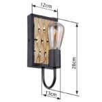Aplica de perete metal negru mat, frânghie de cânepă maro, în sus, LxH: 120x280, AL: 130, excl 1xE27 60W 230V - imagine 6