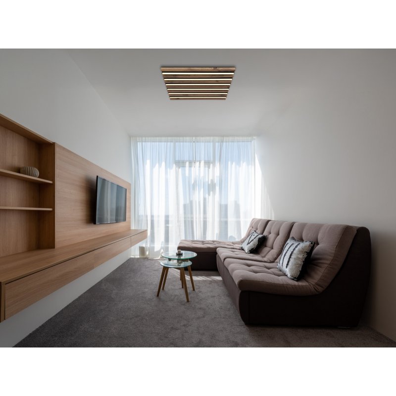 hayden-67347d2-g29558-6 Plafonieră, metal negru mat, MDF cu efect de lemn închis, aluminiu negru mat, plastic opal, LxLxH: 450x450x50mm, incl. LED 30W 230V, sursă 3100lm, ieșire 1500lm, 3000K - imagine 1
