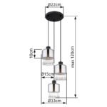 Lampă cu suspensie metal negru mat, sticlă fumurie, picături de sticlă transparentă, cristale acrilice transparente, cablu PVC negru, ø: 330mm, I: 1200mm, fără 3x E27 60W 230V - imagine 3