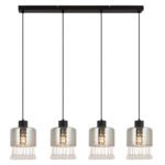 Lampă cu suspensie metal negru mat, sticlă fumurie, picături de sticlă transparentă, cristale acrilice transparente, cablu PVC negru, L x l x I: 825x150x1200mm, fără 4x E27 60W 230V