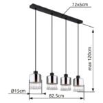 Lampă cu suspensie metal negru mat, sticlă fumurie, picături de sticlă transparentă, cristale acrilice transparente, cablu PVC negru, L x l x I: 825x150x1200mm, fără 4x E27 60W 230V - imagine 3