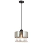 Lampă cu suspensie metal negru mat, sticlă fumurie, picături de sticlă transparentă, cristale acrilice transparente, cablu PVC negru, ø: 250mm, I: 1200mm, fără 1x E27 60W 230V