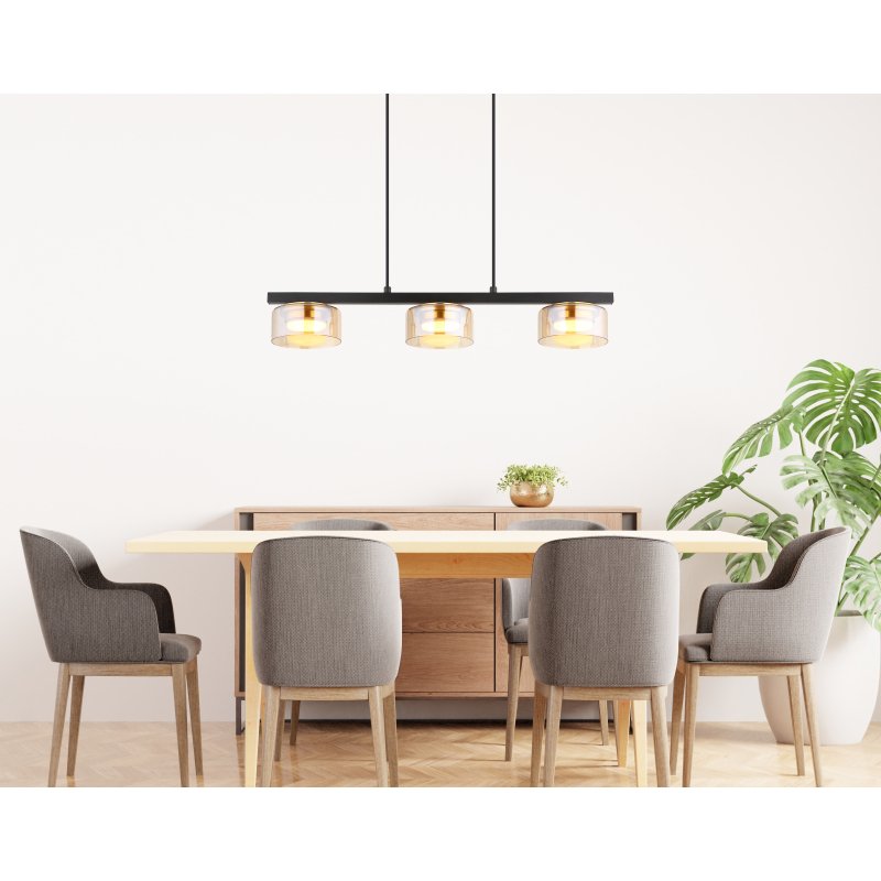 higgins-16055-3hg-g29995-6 Suspensie metal negru mat, aluminiu auriu periat, sticlă chihlimbar, cablu PVC negru, LxLxH: 650x130x1100mm, incl. 3x GX53 LED 6W 230V, sursă 400lm, ieșire 330lm, 1800K, incl. bec LED 10162 - imagine 1