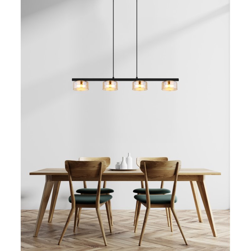 higgins-16055-4hg-g29997-6 Suspensie metal negru mat, aluminiu auriu periat, sticlă chihlimbar, cablu PVC negru, LxLxH: 900x130x1100mm, incl. 4x GX53 LED 6W 230V, sursă 400lm, ieșire 330lm, 1800K, incl. bec LED 10162 - imagine 1