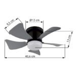 Ventilator de tavan metal negru mat, plastic gri, plastic opal, dimmable, mai multe niveluri prin comutator de perete, telecomandă, baterie inclusă 1x CR2025, 15m², ø: 400mm, H: 126mm, incl. LED 9W 230V, sursă 1000lm, ieșire 800lm, CCT 2700-6500K - imagine 6