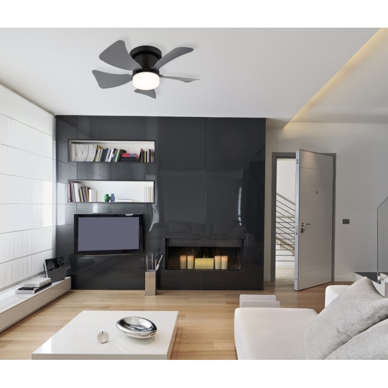 hines-03609a-g29321-6 Ventilator de tavan metal negru mat, plastic gri, plastic opal, dimmable, mai multe niveluri prin comutator de perete, telecomandă, baterie inclusă 1x CR2025, 15m², ø: 400mm, H: 126mm, incl. LED 9W 230V, sursă 1000lm, ieșire 800lm, CCT 2700-6500K - imagine 1