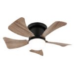 Ventilator de plafon metal negru mat, plastic aspect lemn închis, plastic opal, dimmable, mai multe niveluri prin întrerupător de perete, telecomandă, 1x CR2025, 15m², ø: 400mm, H: 126mm, incl. LED 9W 230V, sursă 1000lm, ieșire 800lm, CCT 2700-6500K