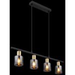 Suspensie metal negru mat, metal auriu mat, sticla afumata, transparenta, cablu PVC negru, inaltime scurta, LxLxH: 650x80x1200mm, excl. 4x E14 25W 230V - imagine 3