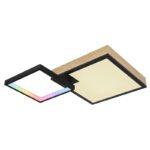 Plafonieră metal negru mat, MDF lemn optic închis, alb acrilic, reglabil, efect curcubeu RGB, funcție de memorie, rotativ/orientabil, telecomandă, L x l x I: 600x410x100mm, LED 21W+RGB 3W 230V, 215-2150lm sursă, 100-1000lm ieșire, CCT 2700-6500K