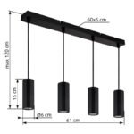 Suspensie metal negru mat, aluminiu negru mat, cablu PVC negru, înălțimea poate fi scurtată, LxLxH: 610x60x1200mm, excl. 4x GU10 25W 230V - imagine 5