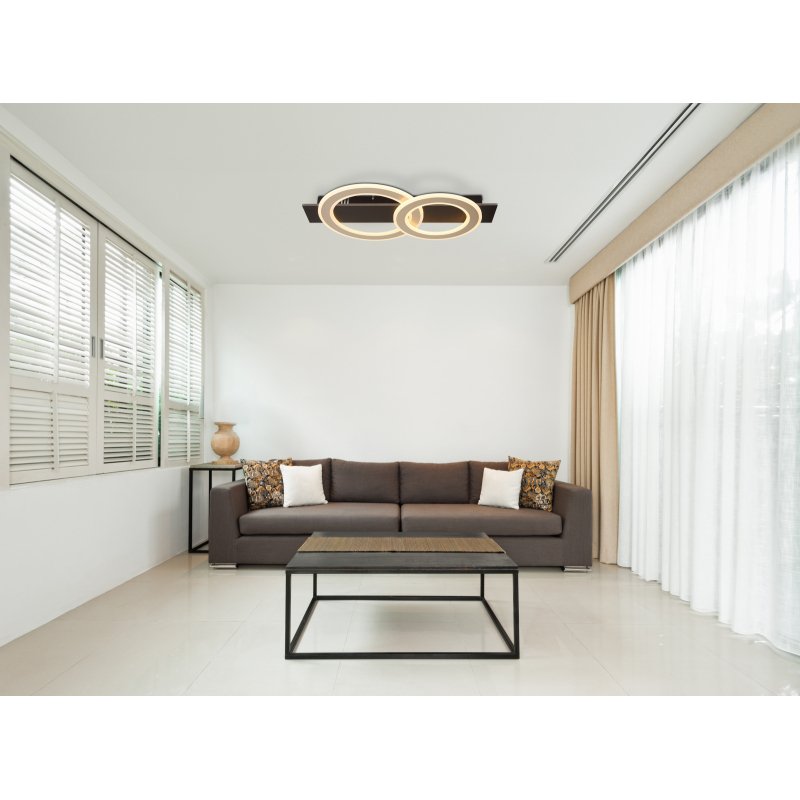 jayden-48034a-40-g29477-6 Plafonieră metal negru mat, MDF maro închis periat, metal șampanie periat, acril opal, LxLxH: 630x350x70mm, inel DM: 1 x 35 cm și 29 cm fiecare, incl. LED 40W 230V, sursă 3800lm, ieșire 2000lm, 3000K - imagine 1