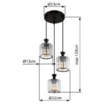 Lampă suspendată metal negru mat, cristale acrilice transparente, cablu PVC negru, ø: 320mm, H: 1200mm, excl. 3x E27 60W 230V - imagine 5