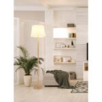 Lampă de podea metal aspect lemn, textil alb, cablu PVC negru, comutator cu pedală în cablu, ø: 350mm, H: 1510mm, lungime cablu 1800mm, excl. 1x E27 40W 230V