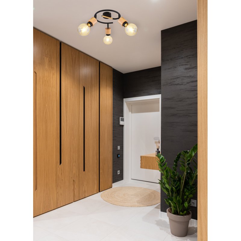 jorna-54031-3-g26037-6 Spot metal negru mat, lemn culoare deschisa, D: 405, H: 160, excl. 3xE27 40W 230V - imagine 1