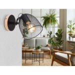 Spot lemn natur/negru, metal negru, abajur grila metalica neagra, BxH:130x172, AL:236, exkl. 1xE27 60W 230V