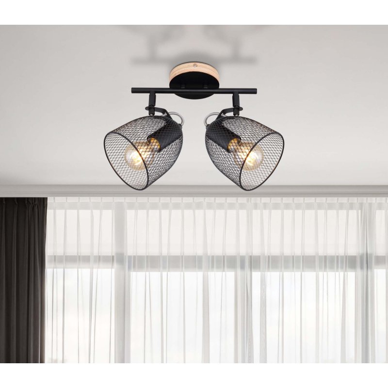 josina-54034-2-g26519-6 Spot bara lemn natur/negru, metal negru, abajur grila metalica neagra, LxBxH:270x130x260, exkl. 2xE27 60W 230V - imagine 1