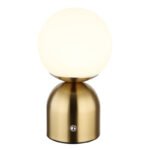 Lampă de masă metal de culoare alamă mat, plastic opal, touch on/off, reglabil, variator tactil continuu, USB-A 2.0 - USB-C, baterie inclusă CR18650 1800mAh 3.7V, ø: 120 mm, H: 210 mm, LED 2,5 W 5V, sursă 243 lm, ieșire 189 lm, CCT 2700/6500/4000K