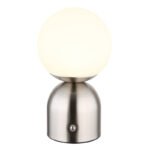 Lampa de masa metal nichel mat, plastic alb, touch on/off, dimmerabil, variator tactil continuu, USB-A 2.0 - USB-C, baterie inclusa CR18650 1800mAh 3.7V, ø: 120mm, H: 210mm, cu LED 2.5W 5V, sursa 243lm, iesire 189lm, CCT 2700/6500/4000K.