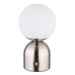 Lampa de masa metal nichel mat, plastic alb, touch on/off, dimmerabil, variator tactil continuu, USB-A 2.0 - USB-C, baterie inclusa CR18650 1800mAh 3.7V, ø: 120mm, H: 210mm, cu LED 2.5W 5V, sursa 243lm, iesire 189lm, CCT 2700/6500/4000K. - imagine 3