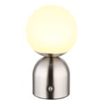 Lampa de masa metal nichel mat, plastic alb, touch on/off, dimmerabil, variator tactil continuu, USB-A 2.0 - USB-C, baterie inclusa CR18650 1800mAh 3.7V, ø: 120mm, H: 210mm, cu LED 2.5W 5V, sursa 243lm, iesire 189lm, CCT 2700/6500/4000K. - imagine 4