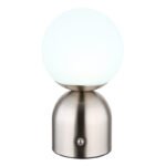 Lampa de masa metal nichel mat, plastic alb, touch on/off, dimmerabil, variator tactil continuu, USB-A 2.0 - USB-C, baterie inclusa CR18650 1800mAh 3.7V, ø: 120mm, H: 210mm, cu LED 2.5W 5V, sursa 243lm, iesire 189lm, CCT 2700/6500/4000K. - imagine 5