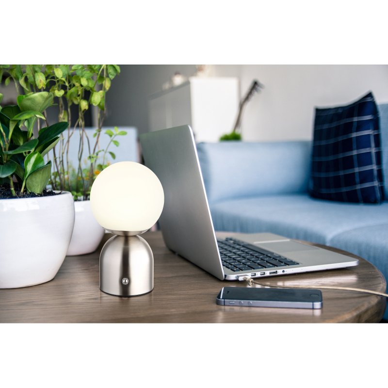 julsy-21006n-g28697-6 Lampa de masa metal nichel mat, plastic alb, touch on/off, dimmerabil, variator tactil continuu, USB-A 2.0 - USB-C, baterie inclusa CR18650 1800mAh 3.7V, ø: 120mm, H: 210mm, cu LED 2.5W 5V, sursa 243lm, iesire 189lm, CCT 2700/6500/4000K. - imagine 1