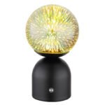 Lampă de masă metal negru mat, sticlă transparentă efect 3D, touch on/off, reglabil, variator tactil continuu, USB-A 2.0 - USB-C, baterie inclusă CR18650 1800mAh 3.7V, ø: 120mm, H: 210mm, LED 2,5W 5V, sursa 243lm, iesire 22lm, CCT 2700/6500/4000K