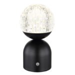 Lampă de masă din metal negru mat, acrilic cu efect de cristal, reglabil, variator de intensitate luminoasă cu atingere continuă, culori fixabile, memorie, Acu CR18650 1200mAh, ø: 105mm I: 200mm, LED 2,5W 12V, sursă 243lm, ieșire 173lm, CCT2700-6500K