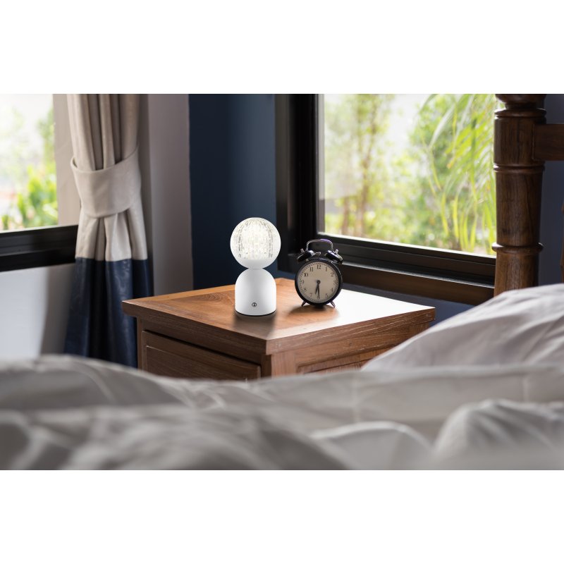 julsy-21007w-g28402-6 Lampă de masă din metal alb mat, acrilic cu efect de cristal, reglabil, variator de intensitate luminoasă cu atingere continuă, culori fixabile, memorie, Acu CR18650 1200mAh, ø: 105mm, I: 200mm, LED 2,5W 12V, sursă 243lm, ieșire 173lm, CCT 2700-6500K - imagine 1