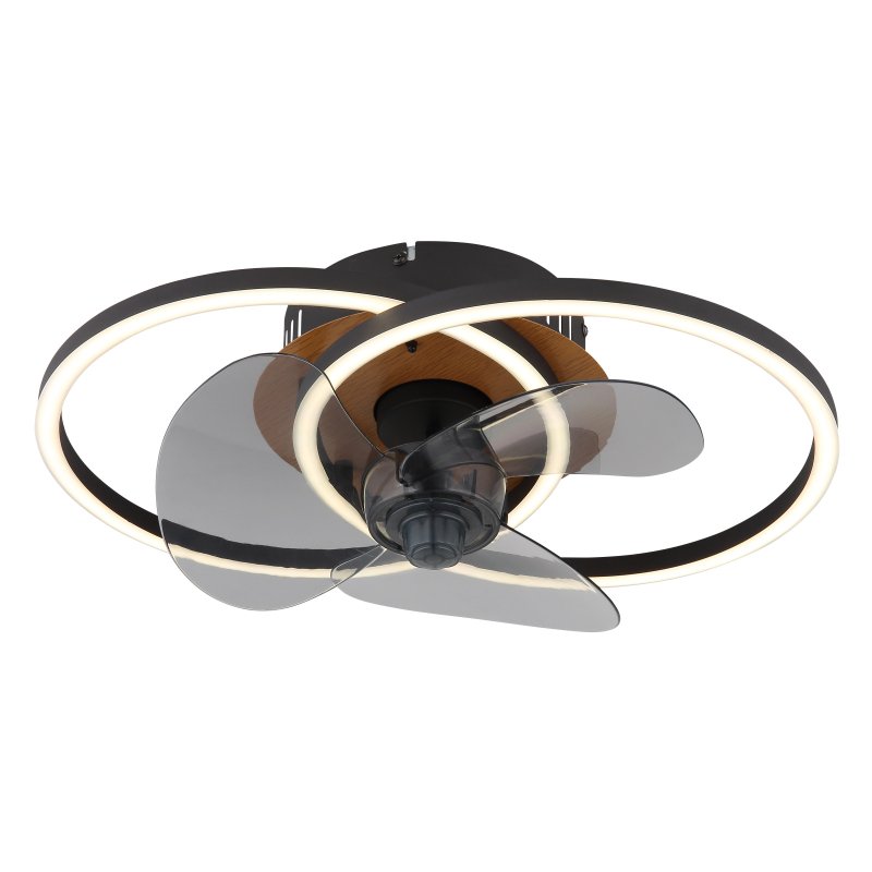 karen-03661-g29324 Ventilator de tavan metal/alu negru mat,metal aspect lemn închis,plastic opal,dimmable,mai multe niveluri prin comutator de perete,telecomandă, 20m², LxLxA:420x280x144mm, øfrunzei:28 cm, LED 24W 230V, sursă 150-2800lm, ieșire 28-490lm, CCT 2700-6500K - imagine 1