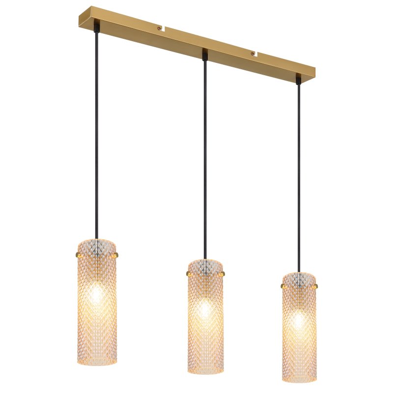 karolo-15775-3h-g29676 Lampa suspendată metal auriu, sticlă chihlimbar, cablu textil negru, înălțimea poate fi scurtată, LxLxA: 650x80x1200mm, excl. 3x E14 40W 230V - imagine 1