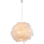 Suspensie din plastic alb, alb textil, abajur cu pene reale, albe, inclusiv Suspensie, D: 450, H: 1200,  excl.  1xE27 40W 230V
