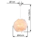 Suspensie din plastic alb, alb textil, abajur cu pene reale, albe, inclusiv Suspensie, D: 450, H: 1200,  excl.  1xE27 40W 230V - imagine 3