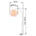 Lampadar nichel mat, material textil alb, abajur cu pene albe reale, inaltime reglabila, intrerupator LxWxH: 960x450x1960,  excl.  1xE27 40W 230V. - imagine 4