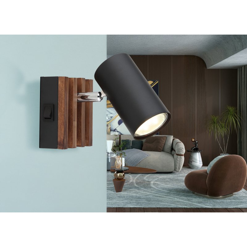 kayden-57909-1-g29602-6 Aplica Spotlight metal negru mat, lemn maro închis, metal negru mat, comutator basculant pe articol, pivotant, LxA: 80x100mm, AL: 125mm, excl. 1x GU10 25W 230V - imagine 1