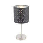 Veioza nichel mat, textil negru argintiu metalizat, abajur cu perforații pentru decor ,cablu 1,5 m, comutator, D: 150, H :. 350, excl. 1xE14 40W 230V