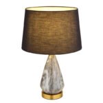 Lampă de masă metal alamă mată, textil negru, cablu textil șampanie, întrerupător pe cablu, bază metalică cu aspect de marmură, ø: 350mm, H: 540mm, lungime cablu 1500mm, fără 1x E27 40W 230V