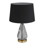 Lampă de masă metal alamă mată, textil negru, cablu textil șampanie, întrerupător pe cablu, bază metalică cu aspect de marmură, ø: 350mm, H: 540mm, lungime cablu 1500mm, fără 1x E27 40W 230V - imagine 3