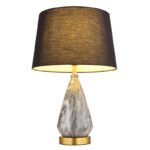 Lampă de masă metal alamă mată, textil negru, cablu textil șampanie, întrerupător pe cablu, bază metalică cu aspect de marmură, ø: 350mm, H: 540mm, lungime cablu 1500mm, fără 1x E27 40W 230V - imagine 4